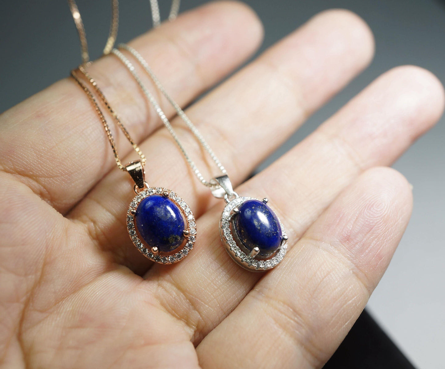 Sterling Silver Lapis Lazuil Necklace - Rose Gold Diamond Halo Blue Lapis Lazuli Pendant Jewelry 1040