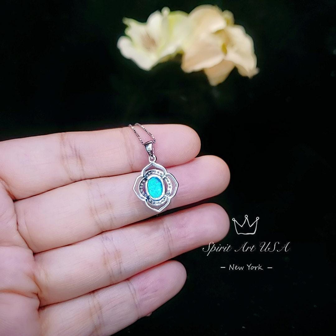 blue opal Necklace - Gemstone Flower of life - White Gold coated Sterling Silver Blue Opal Pendant #114