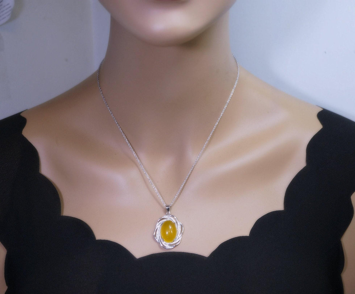 Yellow onyx agate necklace Super High Quality Large Natural Yellow Onyx Pendant Luxury Full Sterling Silver Necklace or Pendant Diamond 1043