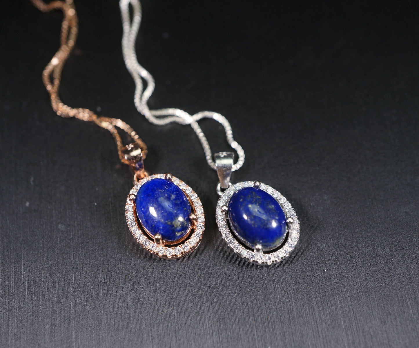 Sterling Silver Lapis Lazuil Necklace - Rose Gold Diamond Halo Blue Lapis Lazuli Pendant Jewelry 1040