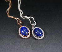 Sterling Silver Lapis Lazuil Necklace - Rose Gold Diamond Halo Blue Lapis Lazuli Pendant Jewelry 1040