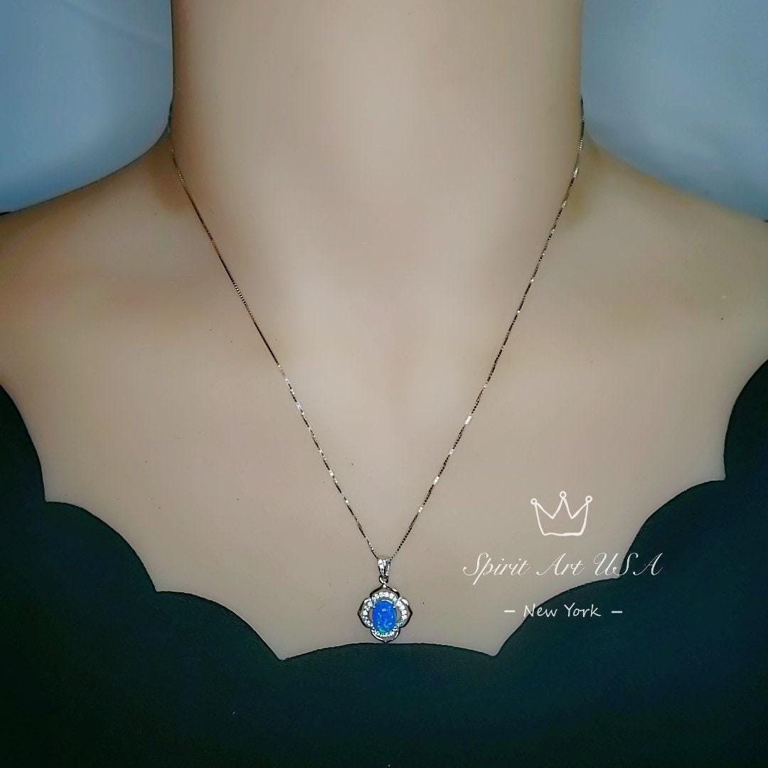 blue opal Necklace - Gemstone Flower of life - White Gold coated Sterling Silver Blue Opal Pendant #114