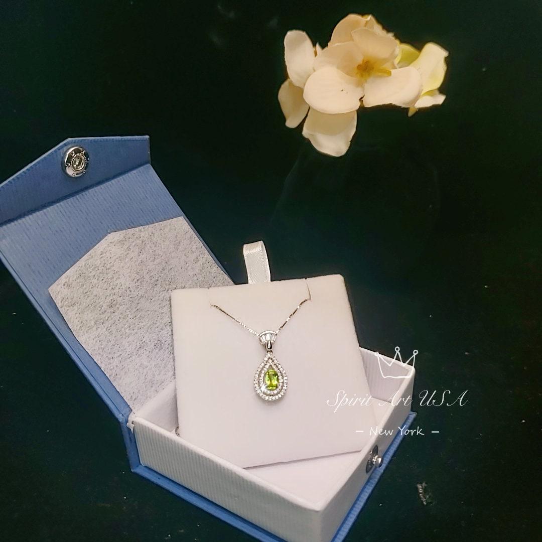 Genuine Peridot Necklace - Double Halo Sterling Silver Tiny Teardrop Natural Peridot Jewelry August Birthstone #369