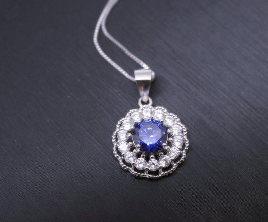 Tanzanite Necklace Sterling Silver - 925 Round Cubic Zirconia Flower of Life Tanzanite Pendant 1027