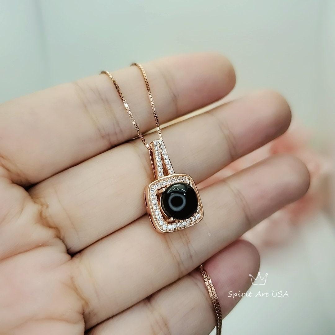 Black Onyx Necklace - Rose Gold coated 925 Sterling Silver Halo Solitaire Square 8 mm Black Agate Pendant 079
