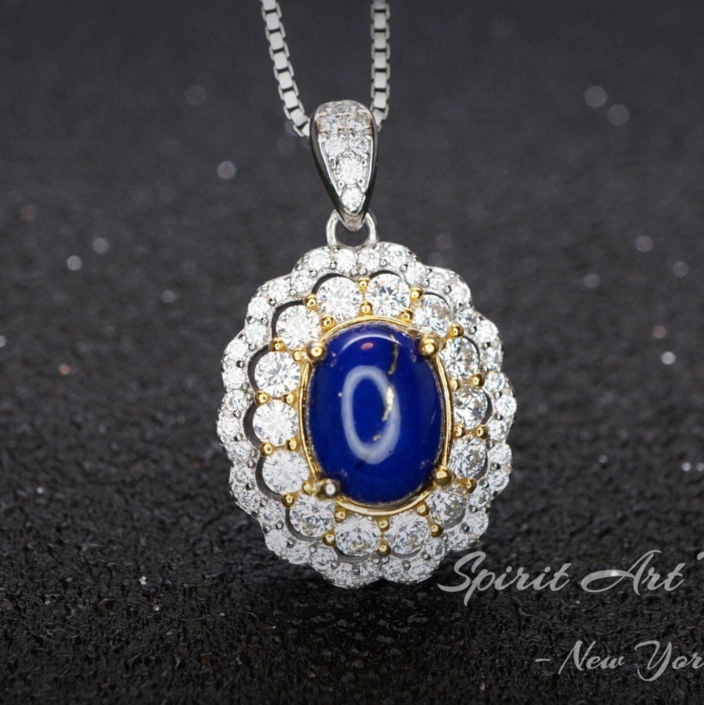 Lapis Lazuli Necklace - Double Halo - Lapis Lazuli Pendant - 18KGP @ Sterling Silver #495