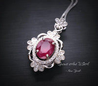 18KGP Ruby Necklace - Gemstone Flower 2.3 CT Ruby Pendant Sterling Silver Vantage Style Royal Red Gemstone Pendant - July Birthstone #538