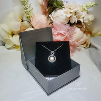 Natural Freshwater White Pearl Necklace, Sterling Silver Full Moon, Circle Genuine White Pearl Pendant White Gold Plated Jewelry 1090