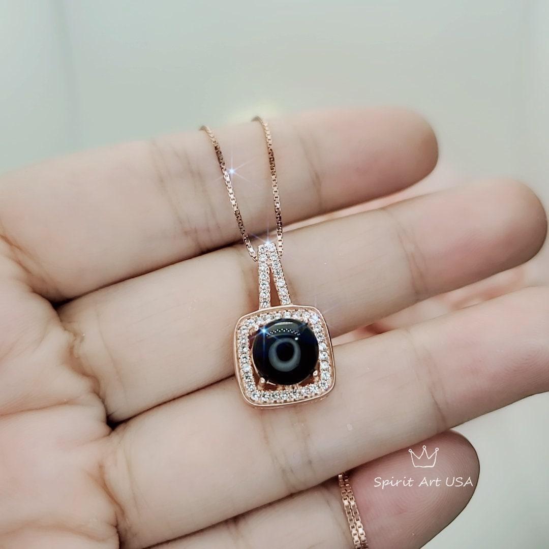 Black Onyx Necklace - Rose Gold coated 925 Sterling Silver Halo Solitaire Square 8 mm Black Agate Pendant 079