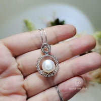 Natural Freshwater White Pearl Necklace, Sterling Silver Full Moon, Circle Genuine White Pearl Pendant White Gold Plated Jewelry 1090