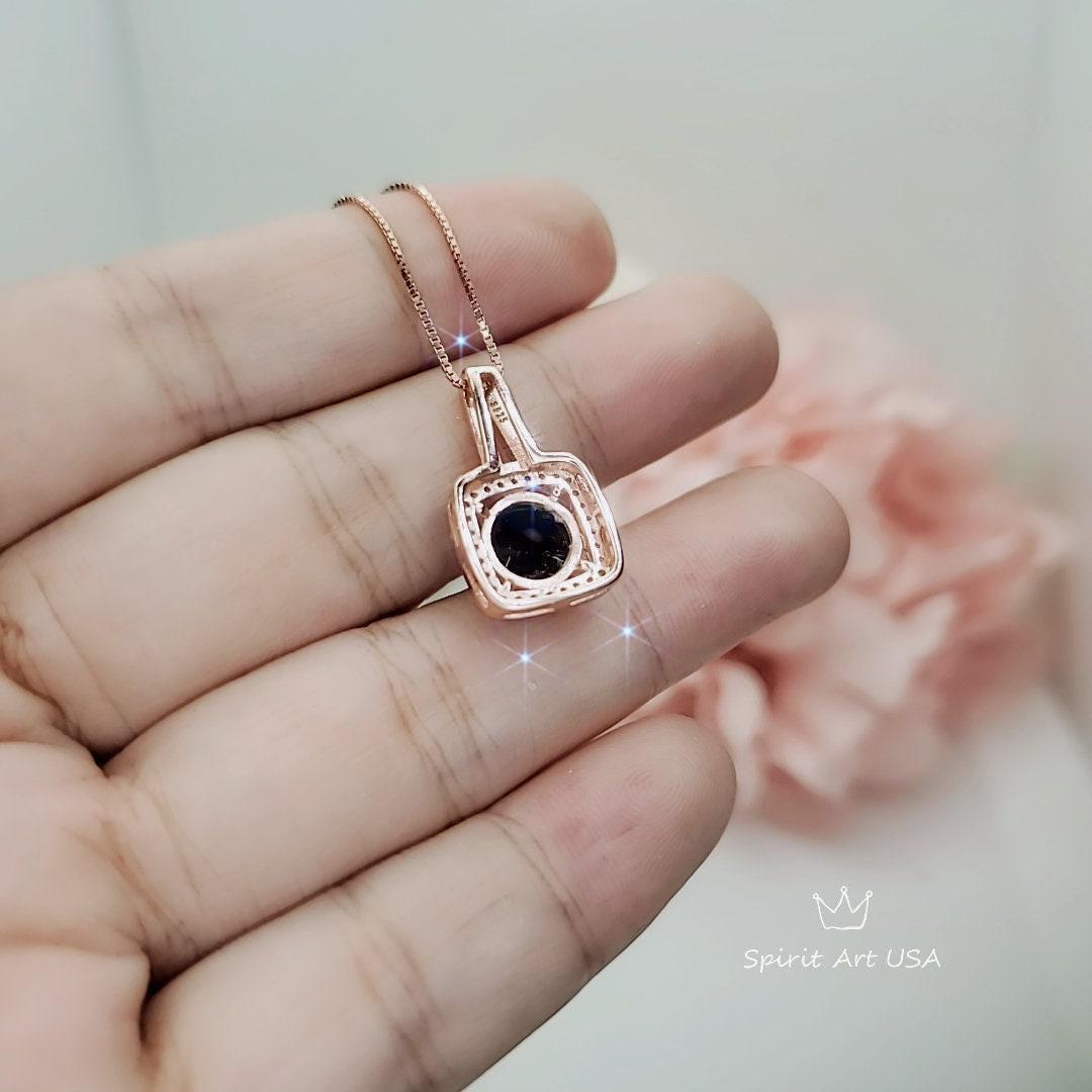 Black Onyx Necklace - Rose Gold coated 925 Sterling Silver Halo Solitaire Square 8 mm Black Agate Pendant 079
