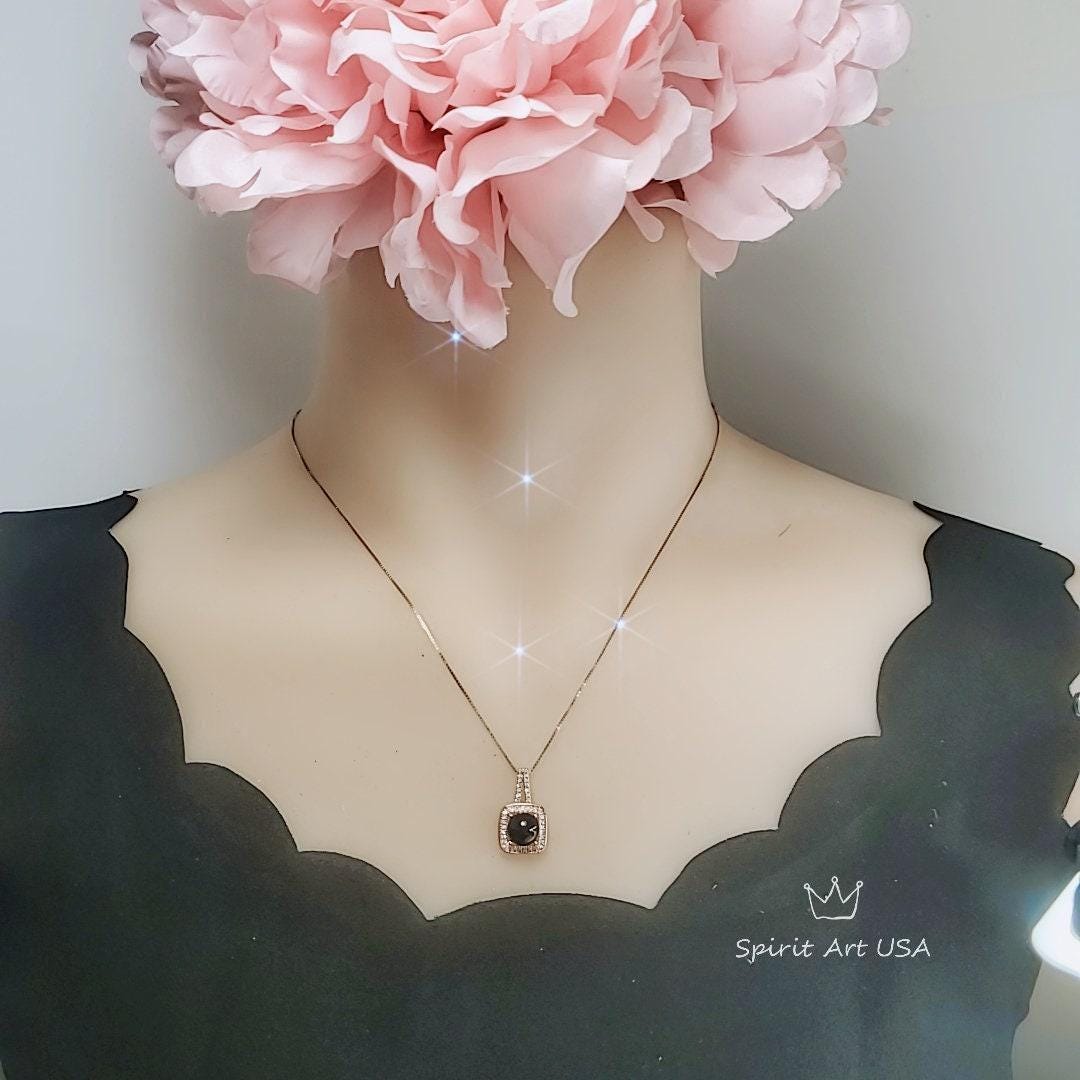 Black Onyx Necklace - Rose Gold coated 925 Sterling Silver Halo Solitaire Square 8 mm Black Agate Pendant 079