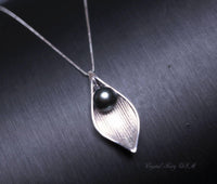 Black Pearl Necklace Sterling Silver - Delicate Datiny Leaf Pendant, Artist Design Style Black Pearl Jewelry 1045