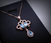 Rose Gold Blue Aquamarine Necklace - Sterling Silver Sky Blue aquamarine Tassel Necklace - Wedding Bridal Pendant, Phoenix Flower 1074