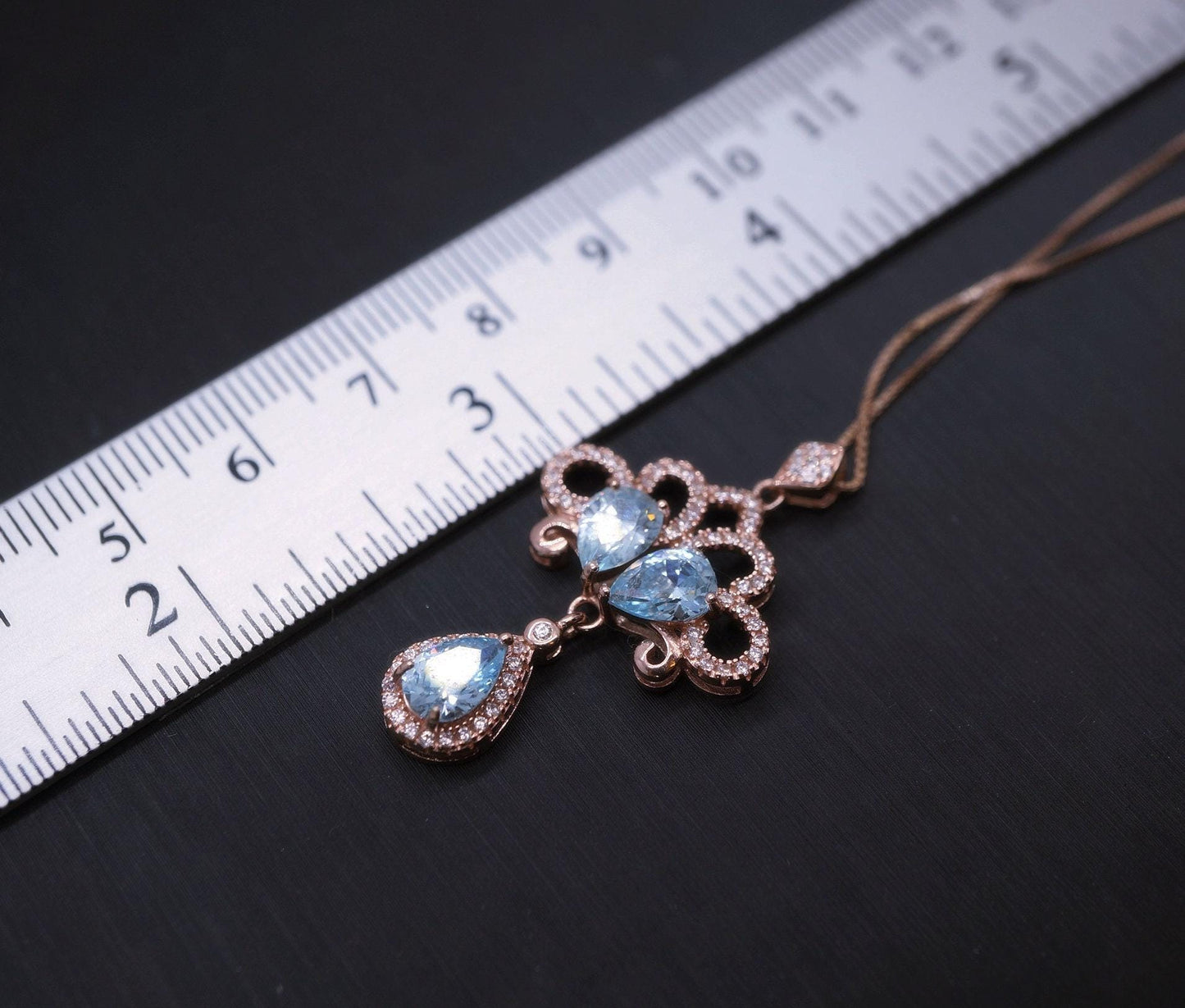 Rose Gold Blue Aquamarine Necklace - Sterling Silver Sky Blue aquamarine Tassel Necklace - Wedding Bridal Pendant, Phoenix Flower 1074