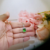 Diamond Flower Green Diopside Necklace - 5 CT Green Gemstone Pendant - White Gold-Coated Sterling Silver Rectangle Scissor Cut Jewelry 1096
