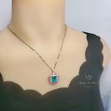 Large Square Paraiba Necklace Pink Topaz Sim Gemstone Pendant White Gold coated Sterling Silver Blue Paraiba Pendant Jewelry #814