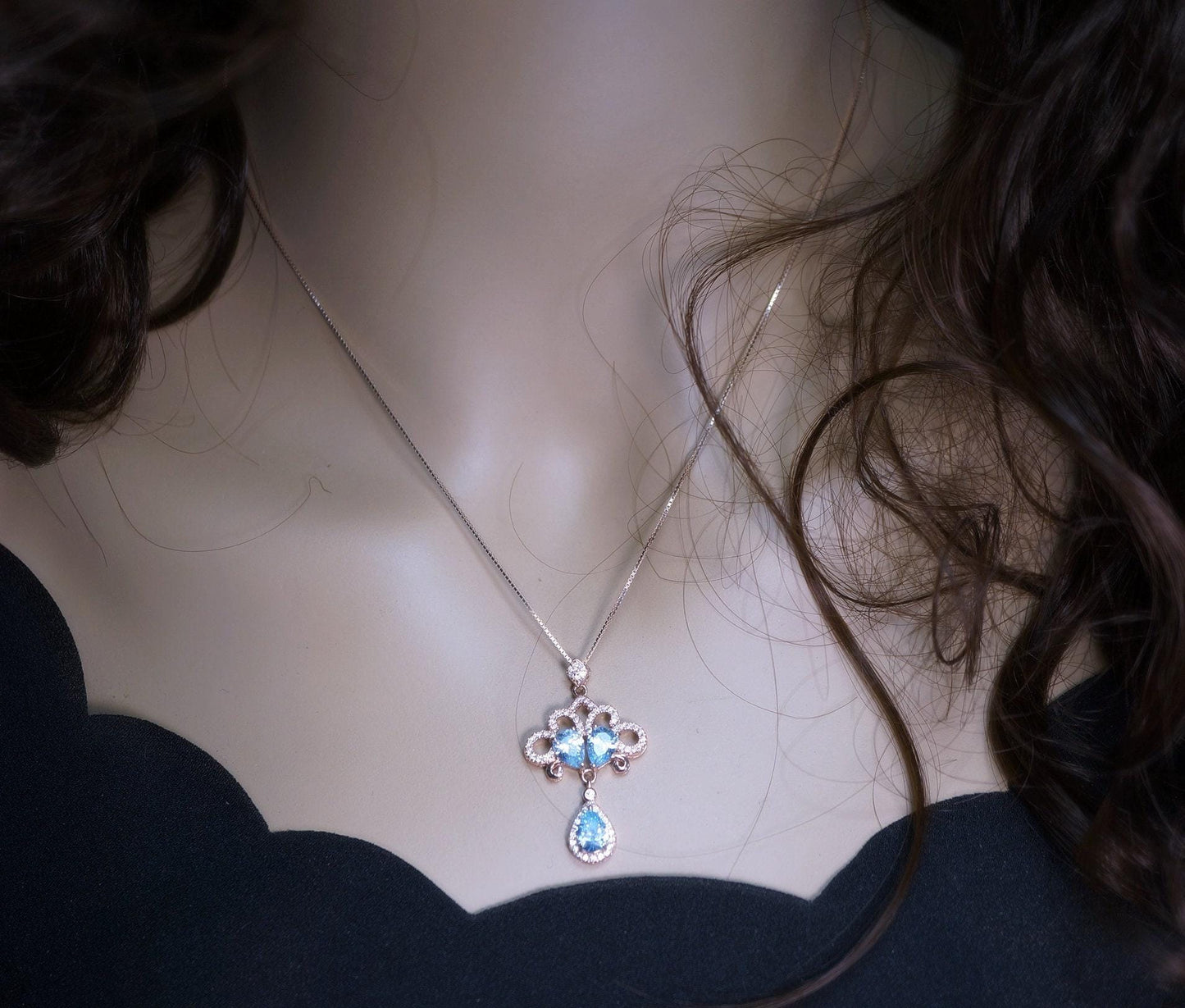 Rose Gold Blue Aquamarine Necklace - Sterling Silver Sky Blue aquamarine Tassel Necklace - Wedding Bridal Pendant, Phoenix Flower 1074