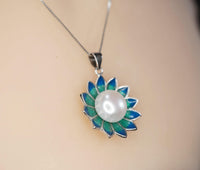Genuine Freshwater Pearl Necklace - Sterling Silver Blue Lotus Flower Necklace 1105