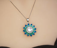 Genuine Freshwater Pearl Necklace - Sterling Silver Blue Lotus Flower Necklace 1105