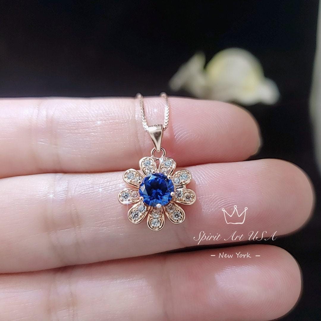 Tiny Blue Sapphire Sunflower Necklace Rose Gold Coated Sterling Silver Gemstone Flower September Birthstone 026