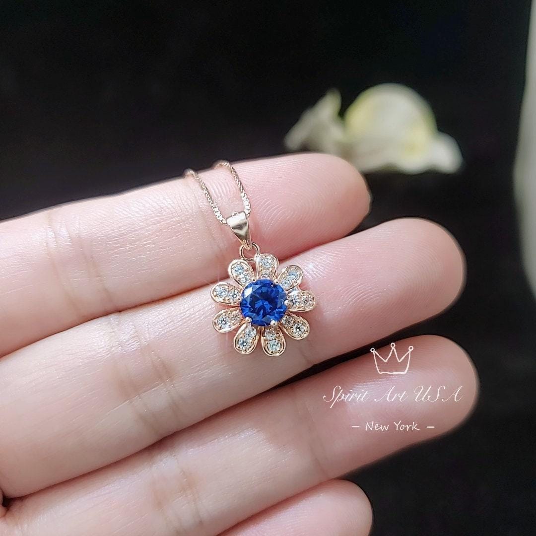 Tiny Blue Sapphire Sunflower Necklace Rose Gold Coated Sterling Silver Gemstone Flower September Birthstone 026