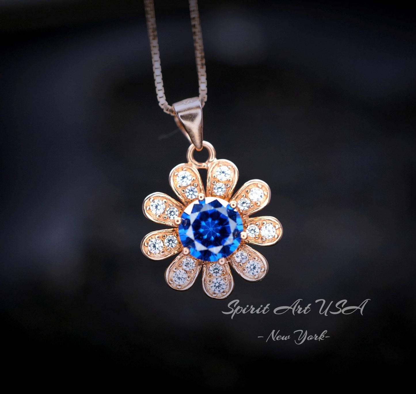Tiny Blue Sapphire Sunflower Necklace Rose Gold Coated Sterling Silver Gemstone Flower September Birthstone 026