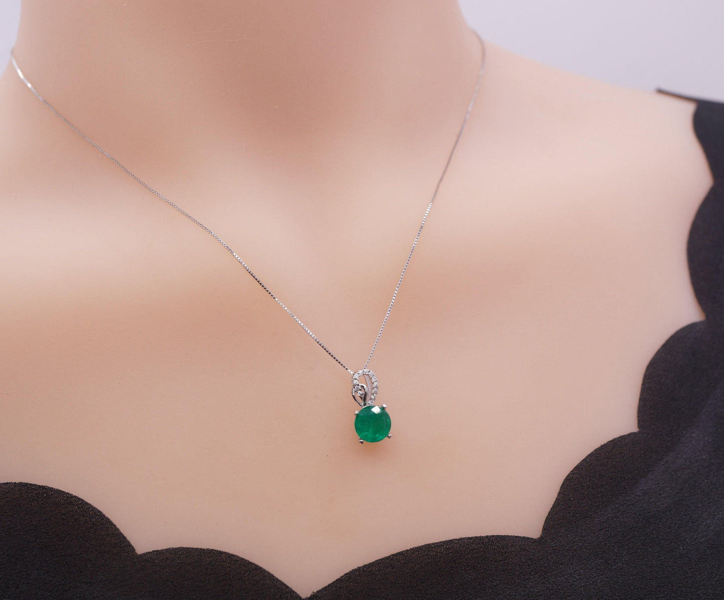 Green Emerald Necklace May Birthstone chain - 18KGP @ Sterling Silver - 8mm 2 CT Round Cut Green Emerald Pendant #382