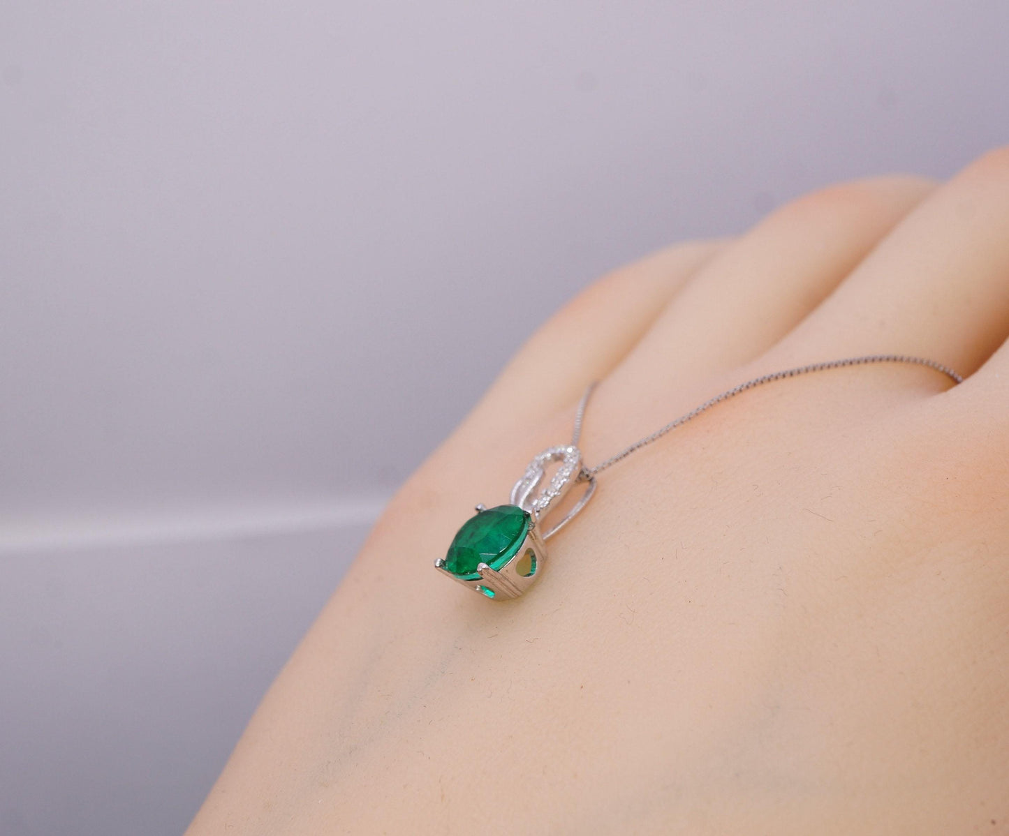 Green Emerald Necklace May Birthstone chain - 18KGP @ Sterling Silver - 8mm 2 CT Round Cut Green Emerald Pendant #382