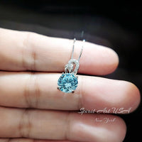 Tiny Blue Aquamarine Necklace - Sterling Silver Single Halo Dangle Round 8mm - March Birthstone - Aquamarine Jewelry 081