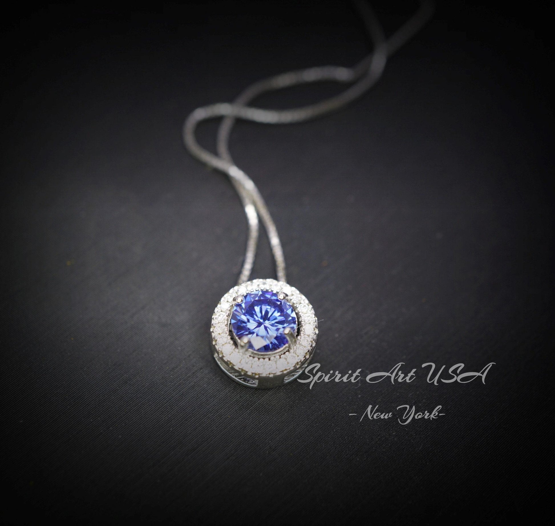 18KGP Sterling Silver Tanzanite Choker - Minimalist Blue Gemstone Halo Lab Created Tanzanite Necklace 065