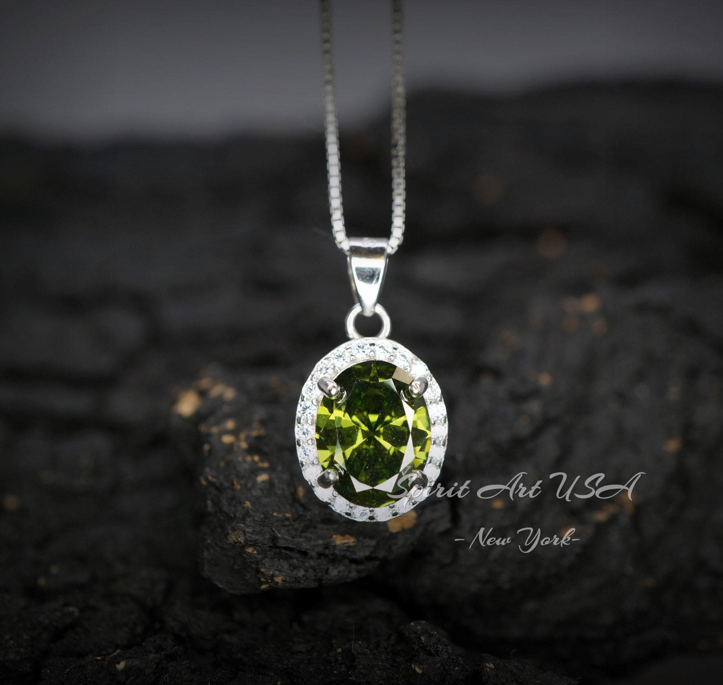 Peridot Necklace - 18kgp @ Sterling Silver - August Birthstone - Dainty Oval Cut 2.1 CT Lab Green Peridot Pendant 066