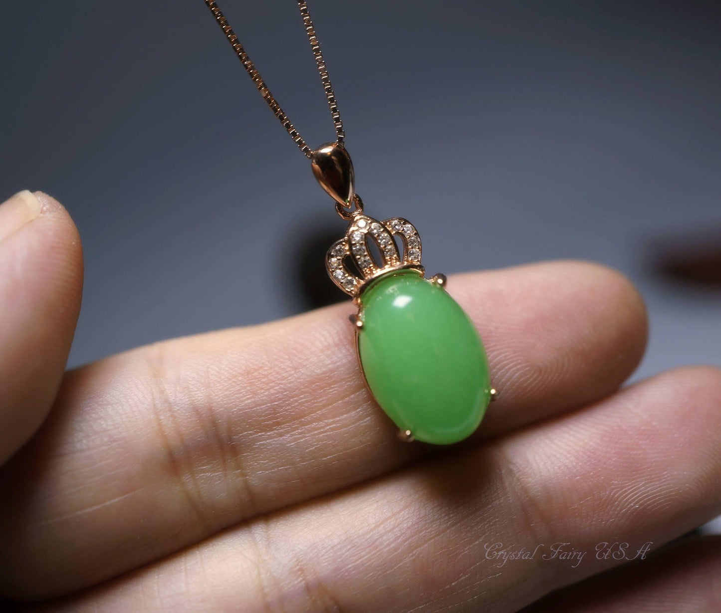 Emerald Jade Necklace - Rose Gold coated Sterling Silver Crown Pendant - Green Jade Jewelry #614