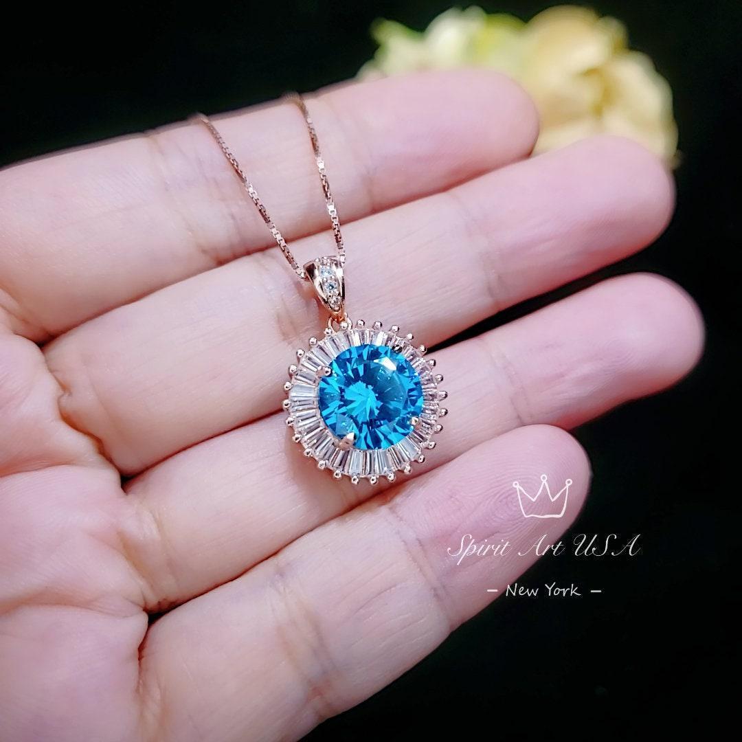 Rose Gold Blue Topaz Necklace - Sterling Silver Sunshine Large 4 CT Round Blue Topaz Pendant - November Birthstone Topaz Jewelry #529