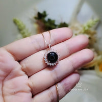 Black Onyx Necklace Rose Gold, Halo Solitaire Black Gemstone Pendant Sunflower Princess Diana Style Necklace Root Chakra Healing 236