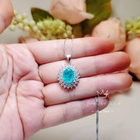 Double Gemstone Halo Paraiba Tourmaline Necklace - 18KGP @ Sterling Silver - 2.8 CT Oval Cut - Large Blue Tourmaline Jewelry #571