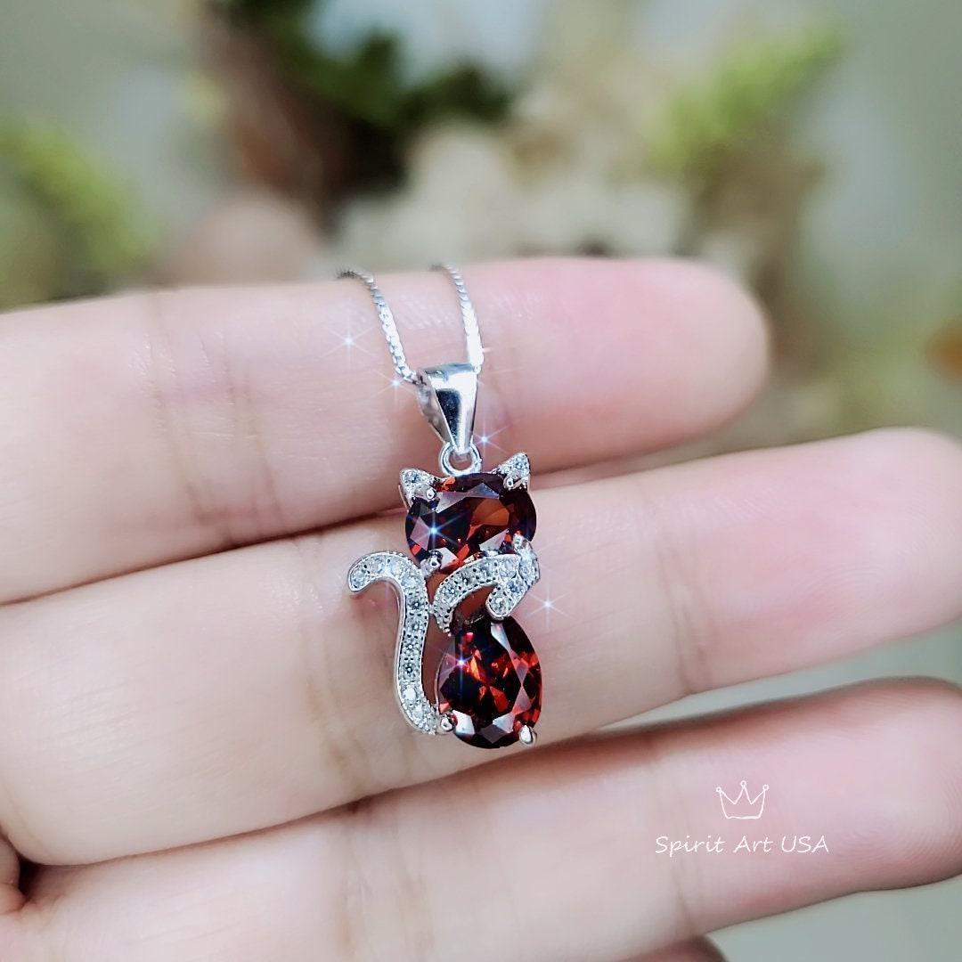 Spessartite Garnet Necklace - 18KGP @ Sterling Silver - Gemstone Kitty Cat Pendant - Pet lover gift - Kitten Garnet Jewelry #212