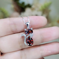 Spessartite Garnet Necklace - 18KGP @ Sterling Silver - Gemstone Kitty Cat Pendant - Pet lover gift - Kitten Garnet Jewelry #212