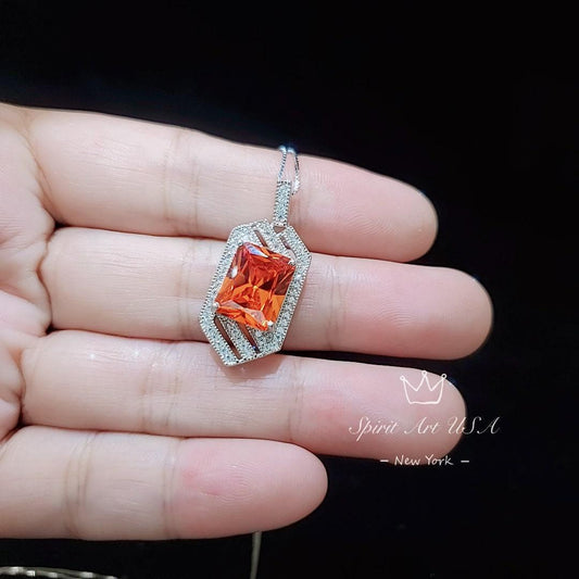 Spacecraft Style Sunstone Necklace - Rectangle Scissor Cut - 4.5 CT Orange Sunstone Pendant - White Gold coated Sterling Silver #1016