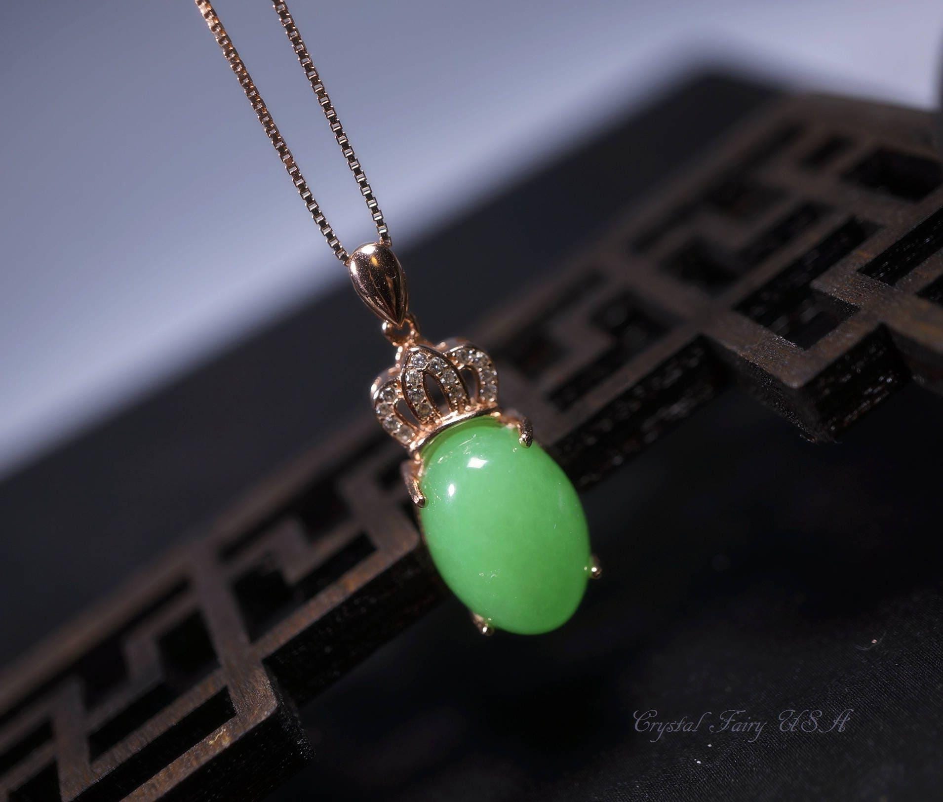 Emerald Jade Necklace - Rose Gold coated Sterling Silver Crown Pendant - Green Jade Jewelry #614