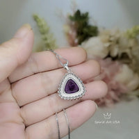 Large Genuine Trillion Amethyst Necklace, Layered 7 CT Triangle Halo Solitaire Purple, Natural Amethyst Pendant #981