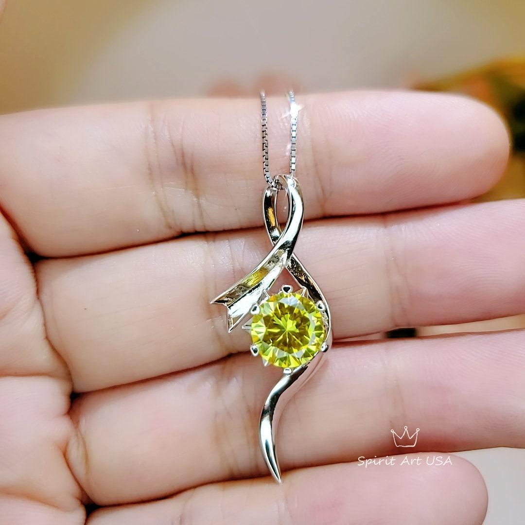 2 CT Round Yellow Diamond Necklace Sterling Silver Swirl Bow Infinity Yellow Gemstone Pendant White Gold coated Luxury Bridal Jewelry 1091