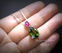 Teardrop Peridot Necklace - Tiny Ruby Teardrop Cut August Birthstone Jewelry - Large 5 Ct Lab Created Green Peridot Pendant #718