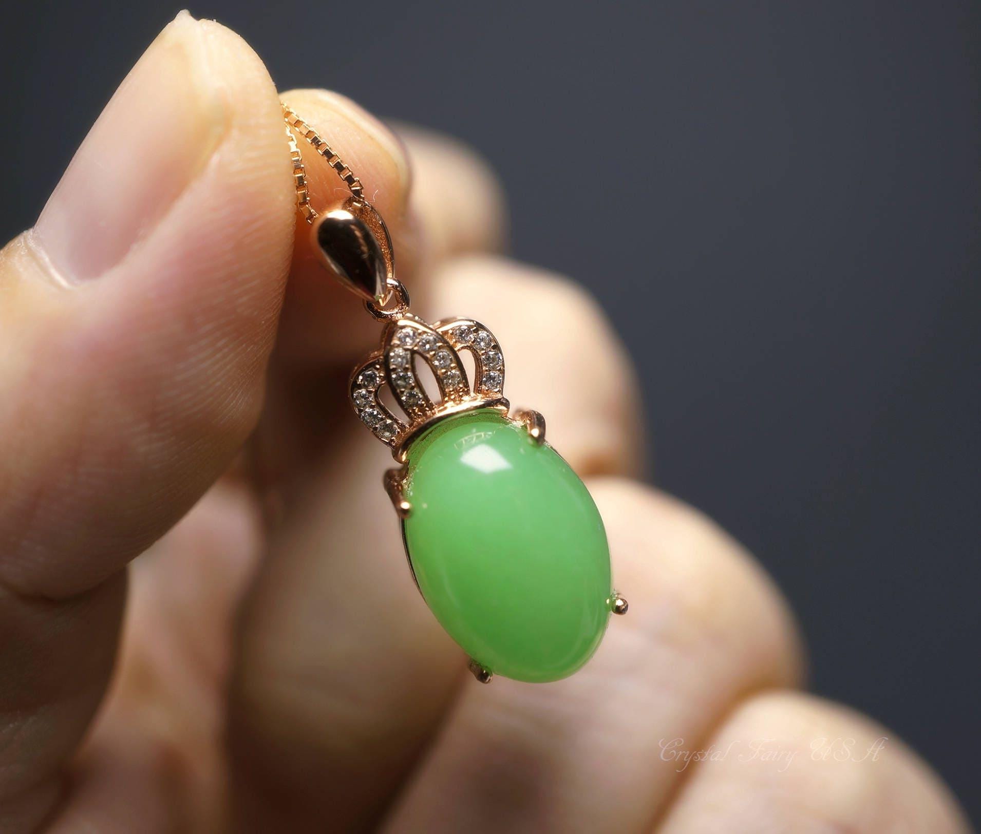 Emerald Jade Necklace - Rose Gold coated Sterling Silver Crown Pendant - Green Jade Jewelry #614