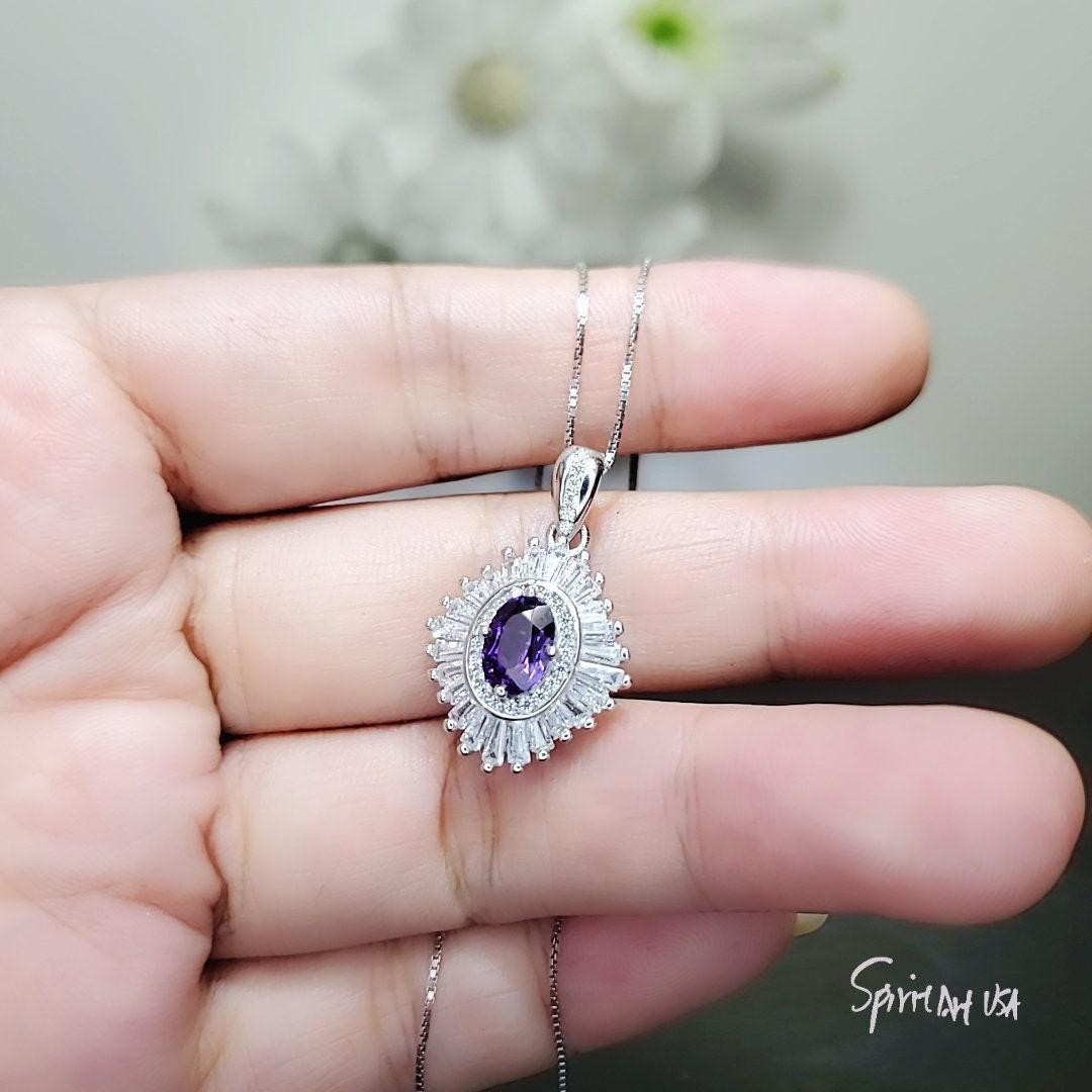 Sim Gemstone Genuine Amethyst Necklace - 18KGP @ Sterling Silver Halo 1.5 Ct Natural Purple Amethyst Pendant February Bridal #620