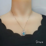 Large Peony Aquamarine Necklace - Full Sterling Silver 2.1 CT Blue Aquamarine Pendant - White Gold plated Gemstone Flower Jewelry #553
