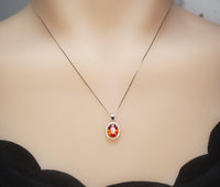 Sunstone Necklace - Tangerine Sapphire Jewelry- Oval Halo Orange Spessartite Garnet Pendant - 18KGP @ Sterling Silver #146