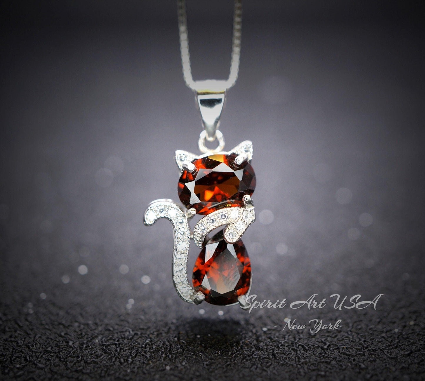 Spessartite Garnet Necklace - 18KGP @ Sterling Silver - Gemstone Kitty Cat Pendant - Pet lover gift - Kitten Garnet Jewelry #212
