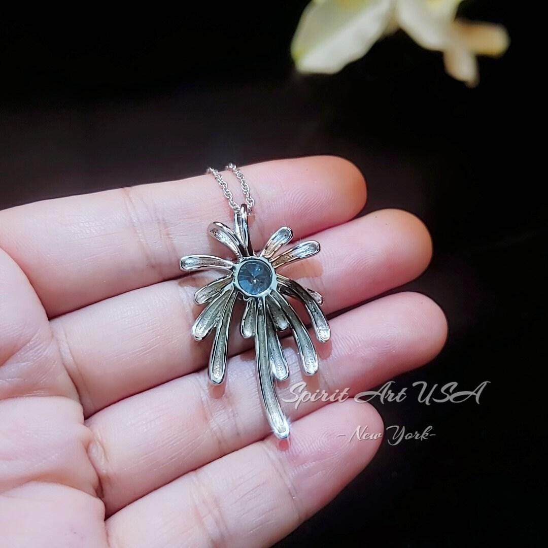 Sterling Silver Aquamarine Necklace - Firework Aquamarine Pendant - White Gold Plated Sterling Silver - March Birthstone #705