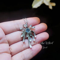 Sterling Silver Aquamarine Necklace - Firework Aquamarine Pendant - White Gold Plated Sterling Silver - March Birthstone #705